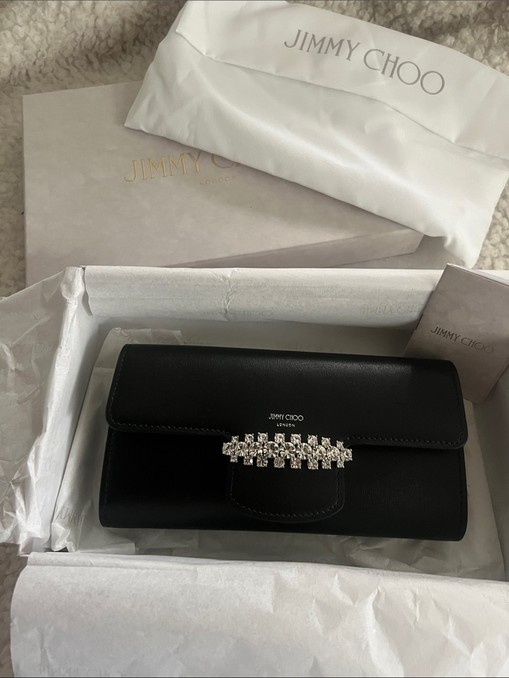 Jimmy Choo Black Leather Crystal-Detail Bing Wallet Chain clutch purse